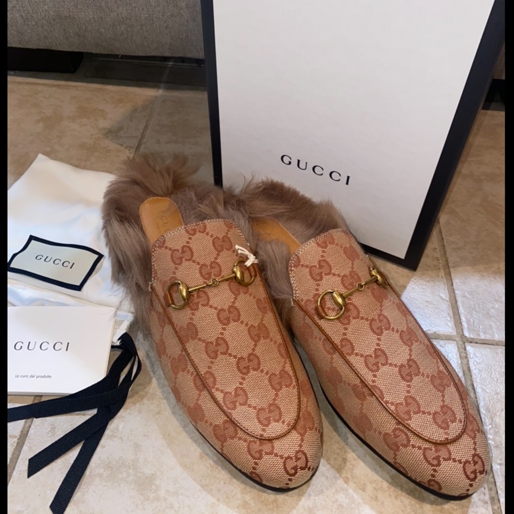 Authentic Gucci Monogram Princetown Fur Loafers Size 9.5 - Picture 14 of 15